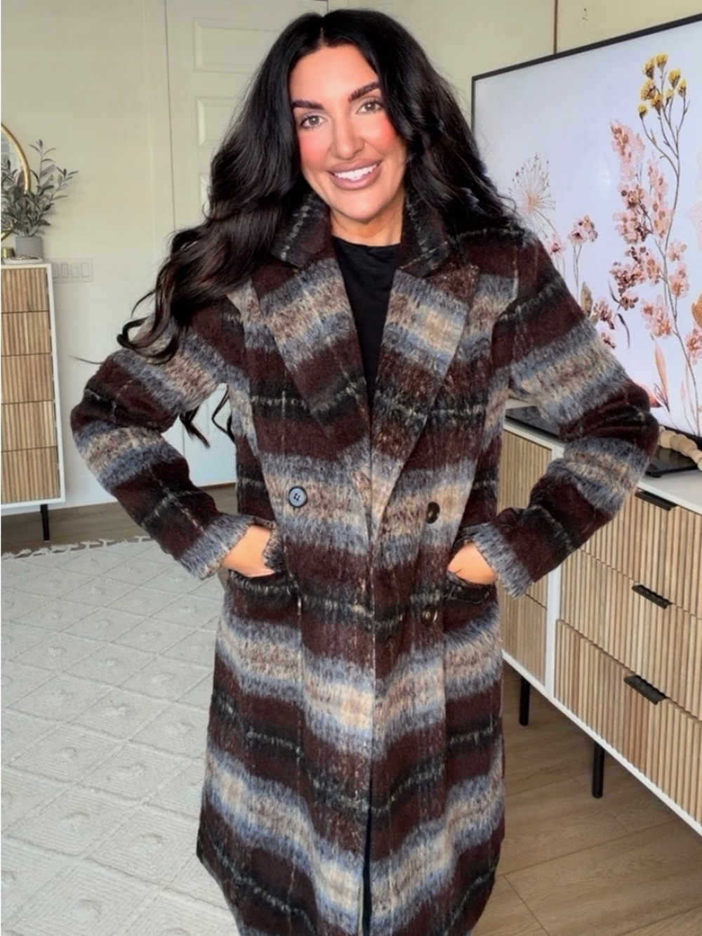 VICI Brown and Cream Striped Double-Breasted Pea Coat